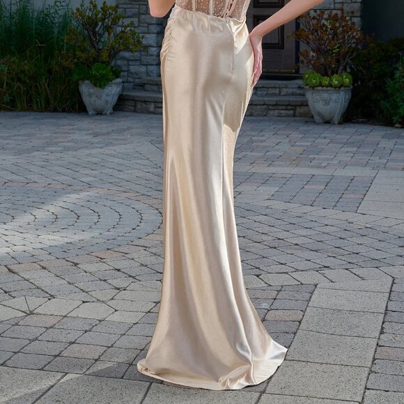 New Sheath Strapless Soft Satin Gown w/ Rhinestones Embroidery & Leg Slit GL3679 - Picture 13 of 13